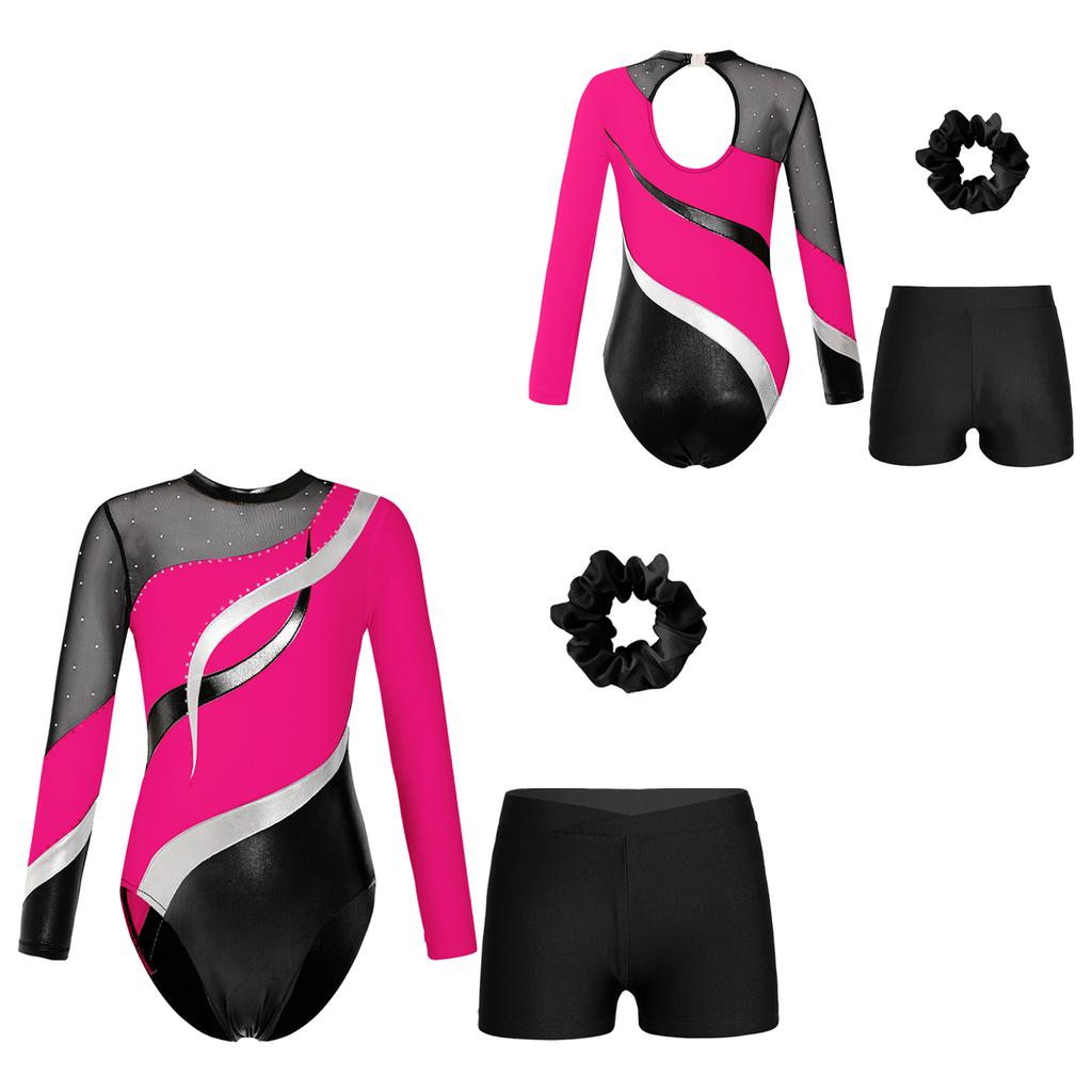 Девочки Дети Блестки Металлический Гимнастический Купальник с Шортами Танцевальный Комбинезон Бикетард Одежда Для Танцев