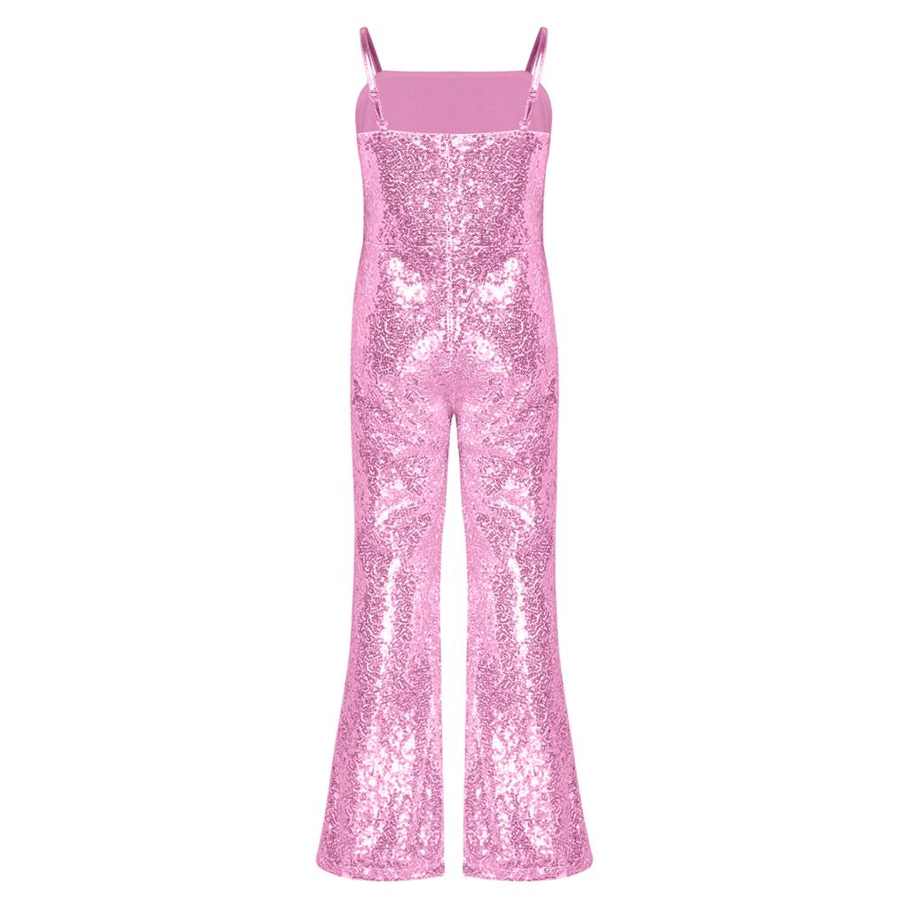 Girls Character Cosplay Costume Spaghetti Straps Bell Bottom Shiny Sequins Zipper Jumpsuit Movie Role Play Dress