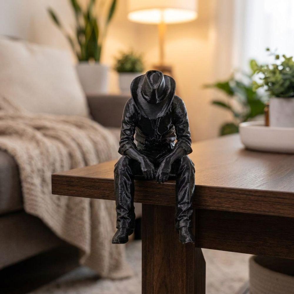 3D Printed Sad Sitting Cowboy Sculpture Melancholy Cowboy Figurine Unique Holiday Gift