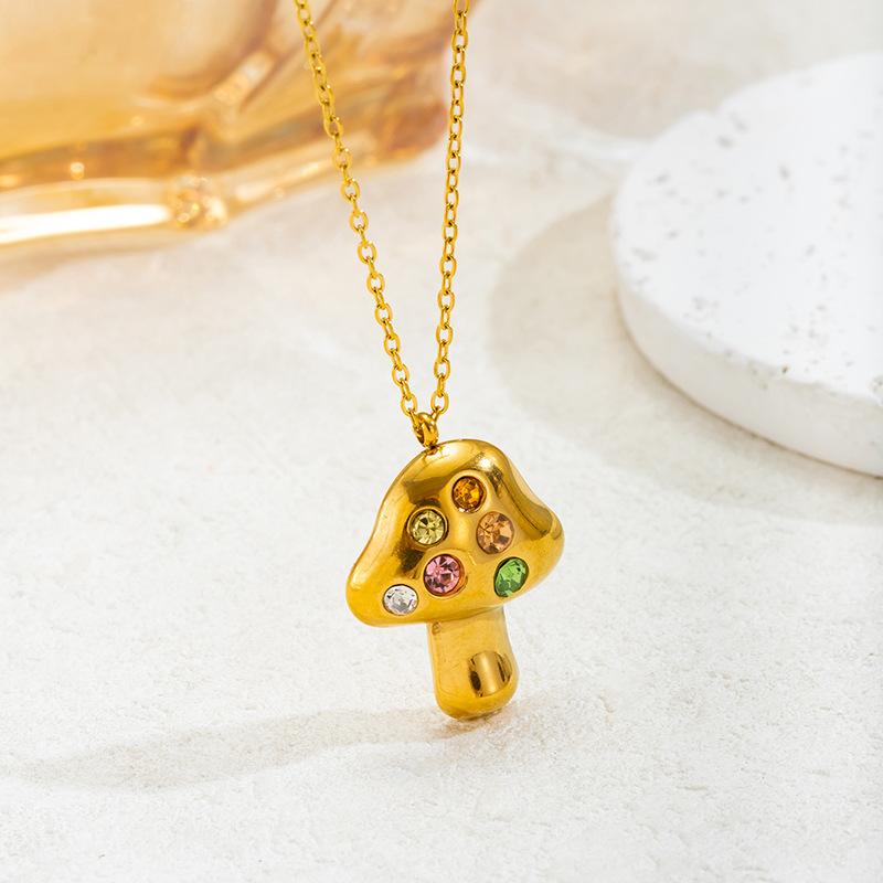 Titanium Steel Gold Mushroom Necklace Lucky Symbol Embedded with Zirconium Pendant Plated with True Gold for Color Protection CLE