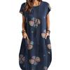 Women Summer O-neck Short Sleeve Dress Retro Printing Pockets Loose Fit Thin Dress Casual Daily Clothes