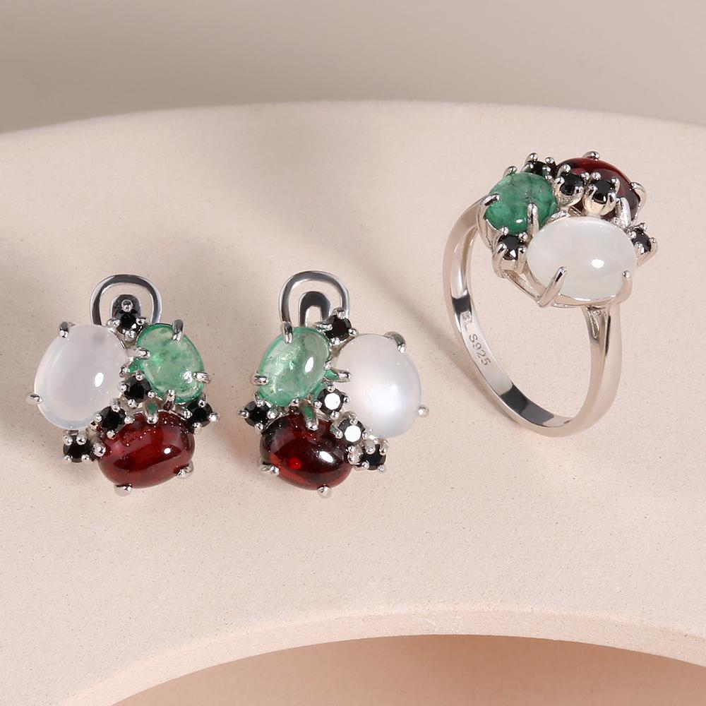 Натуральный драгоценный камень Изумруд Гранат Белый лунный камень Кольцо Серьги Комплект ювелирных изделий Стерлинговое серебро 925 пробы изысканные ювелирные изделия Модный подарок