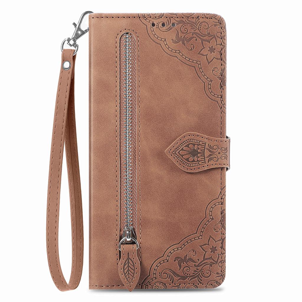 For Xiaomi Redmi Note 13 Pro 5G/Poco X6 5G Zipper Wallet Case with Strap Flower Imprint PU Leather Phone Cover