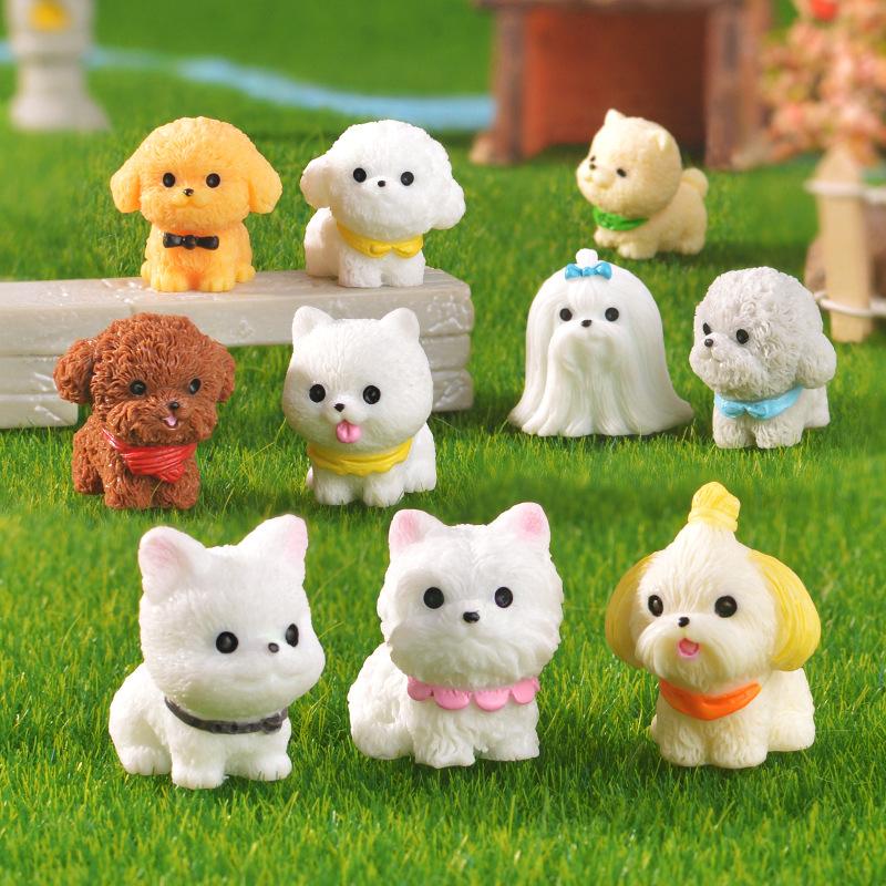 3 Pcs Cute Cartoon Bib Puppy Mini Resin Figurines Garden Moss Miniature Landscape DIY Ornament Car Desktop Dog Animal Decorations