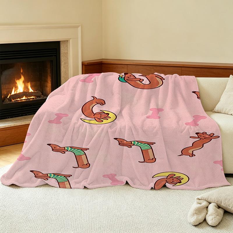 Lightweight Flannel Throw Blanket – Cartoon Dachshund Print, Soft & Cozy Warm Blanket for Home Lounge, Christmas & Halloween Decor
