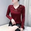 Three-dimensional Flower Diamond-inlaid V-neck Long-sleeved T-shirt for Women In Winter Age-reducing Chic Top Base Shirt
