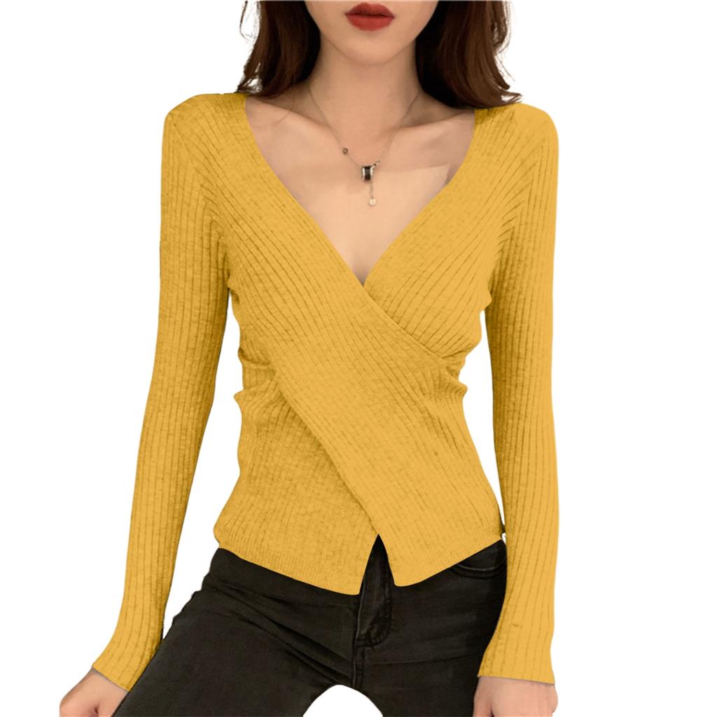 Women's V-neck Sweater Bottoming Shirt With Long Sleeves Cross-fitting Knitted Tights