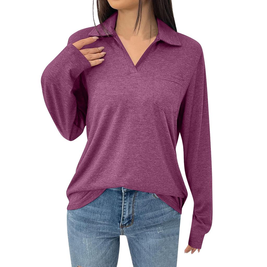 Женская модная однотонная свободная футболка с лацканами и длинными рукавами и карманами