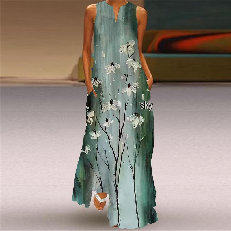 Летнее платье макси 2024 года в стиле ретро с V-образным вырезом и разноцветными рукавами