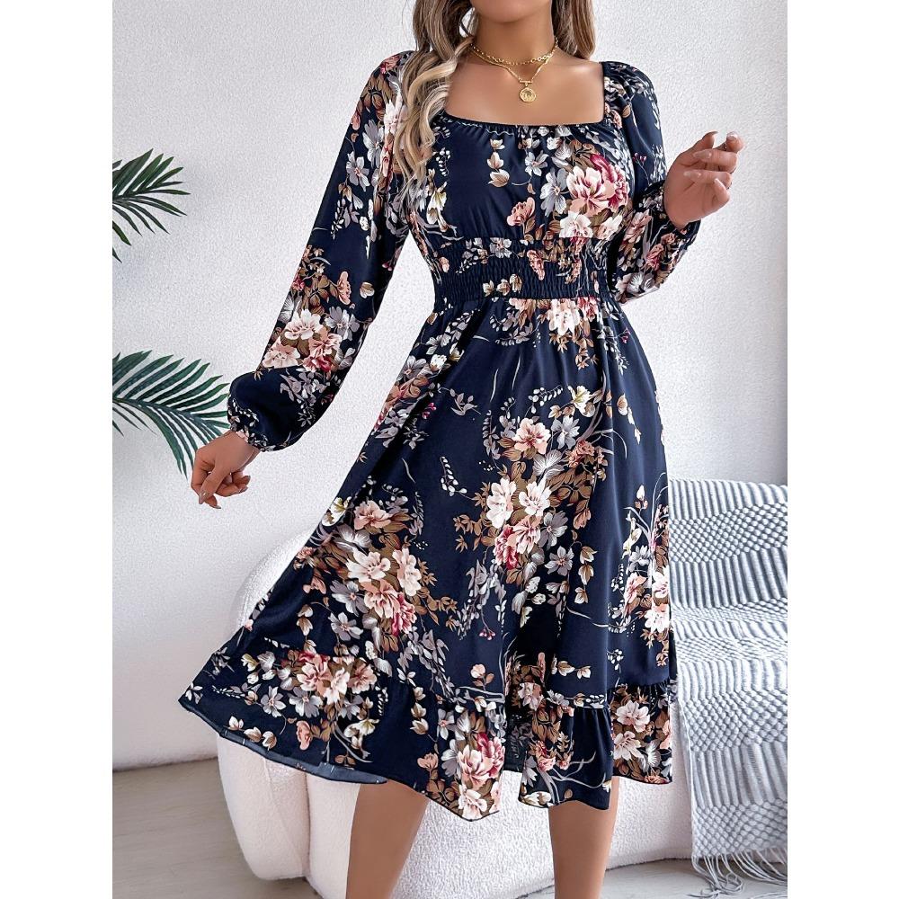 Женское платье А-силуэта с цветочным принтом, квадратным вырезом, длинными рукавами, приталенными оборками, весна-лето