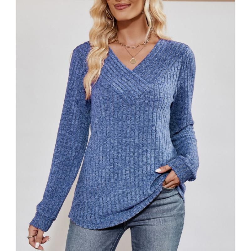 INDFS Женская мода Повседневный однотонный принт Весна Осень Длинные рукава V-образный вырез Пуловеры и длинные рукава