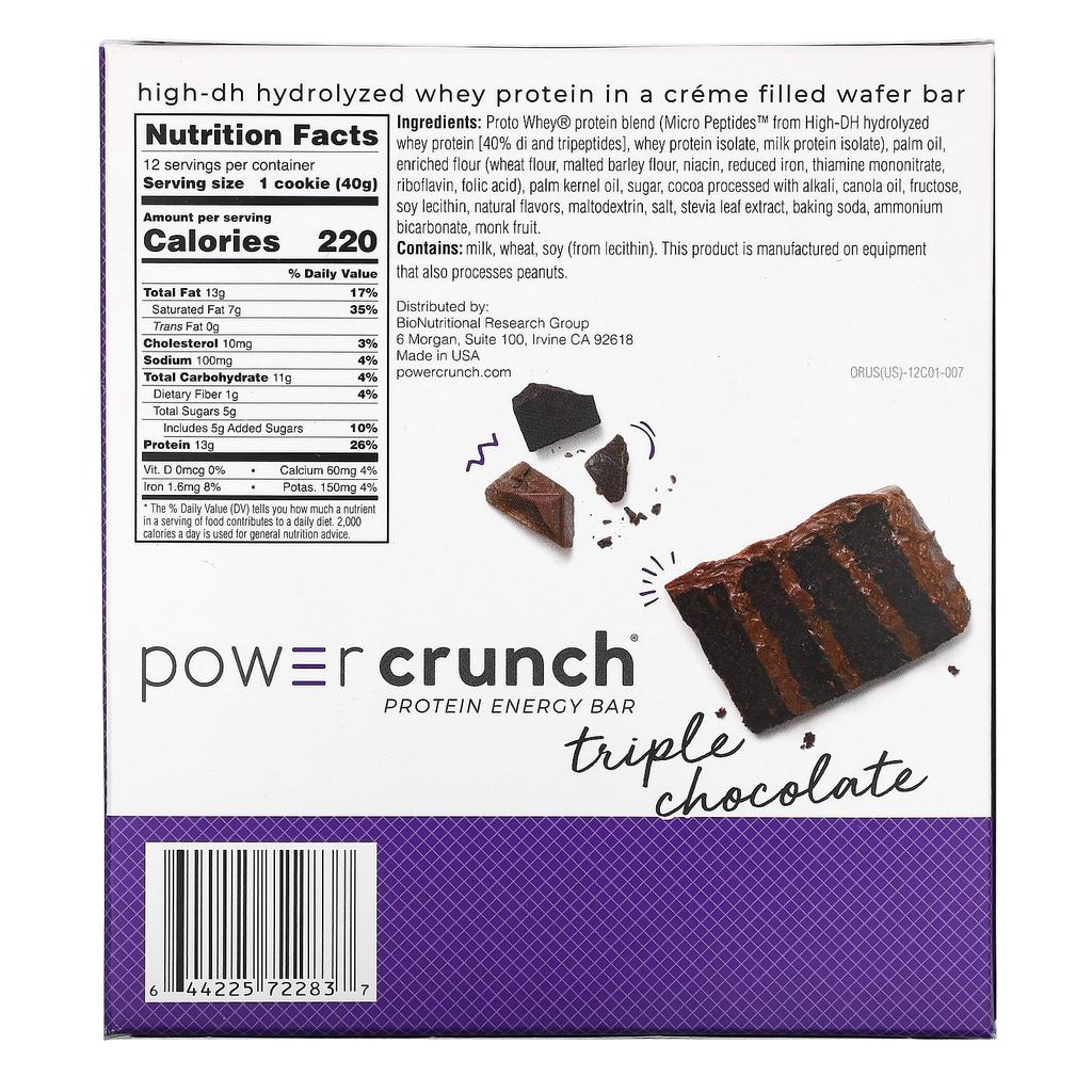 BNRG, Power Crunch Protein Energy Bar, тройной шоколад, 12 батончиков, 40 г (1,4 унции) каждый