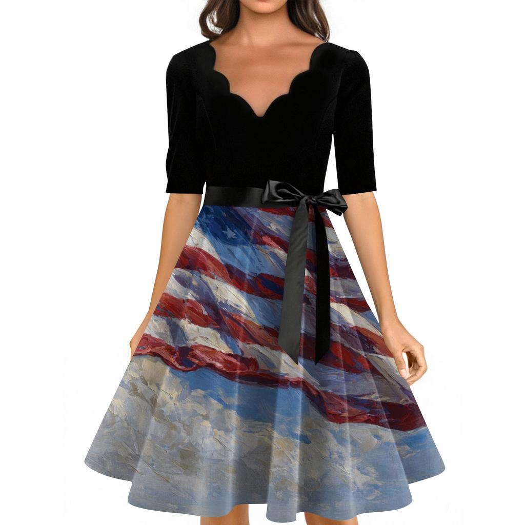 Women's Casual Fashion V-neck Retro Short-sleeved Dress With Flag Independence Day Print