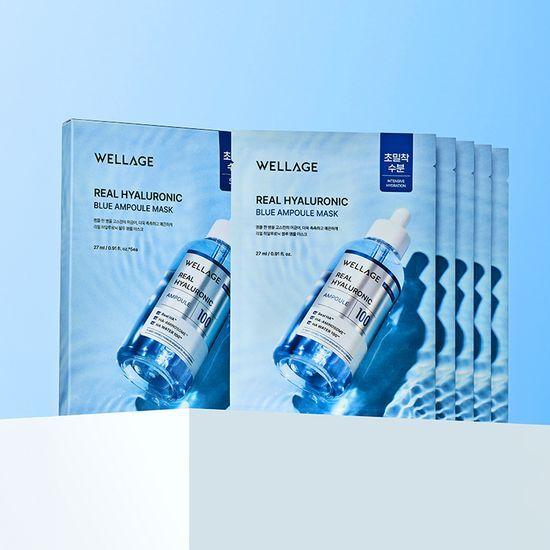 Увлажняющая Сияющая Адгезивная Маска/5 Листов WELLAGE Real Hyaluronic Blue Ампульная Маска 5 Листов