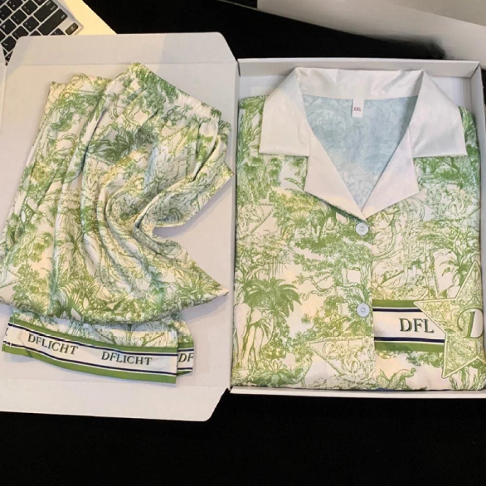 Весна Осень Жаккард Ледяной Шелк Женские Пижамы Комплекты Из Двух Частей Длинные Рукава Штаны Пижамы Классическая Элегантная Женская Домашняя Одежда