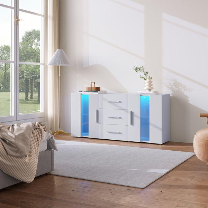 Meuble TV moderne, blanc, avec éclairage LED, 2 portes et 3 tiroirs, meuble de salon, 140 x 35 x 70 cm