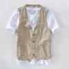 British Style Men Waistcoat V-neck Collarless Striped Print with Vest Coat Sleeveless Pockets Single Breasted Vest