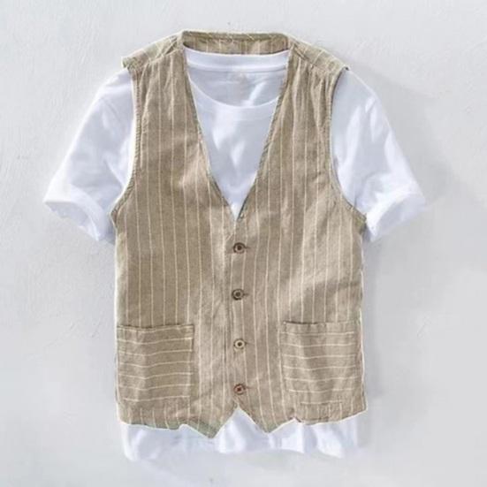 British Style Men Waistcoat V-neck Collarless Sleeveless Striped Print Vest Coat with Pockets Single Breasted Vest