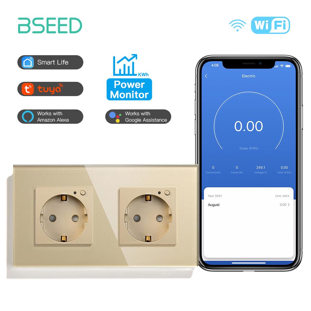 BSEED Wifi Sockets EU Wall Socket Smart Tuya Electric Sockets Power Monitor Google Smart Life Alexa Voice Control Glass Panel