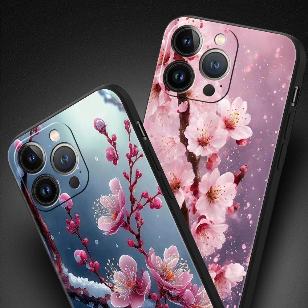 Чехол для телефона с цветами вишни для iPhone 17 16 15 Pro Max 11 12 13 14 7 8 Plus SE 2020 X XR XS Мягкий черный