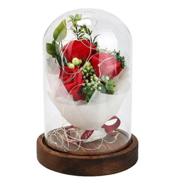 1 simulated rose soap Valentine's Day gift immortal flower glass cover led light ornament