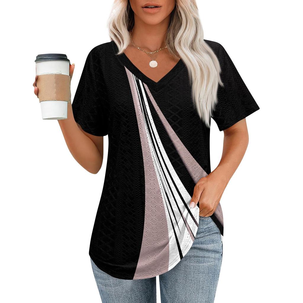 Womens T Shirts V Neck Short Sleeve Casual Tops Loose Fit Basic Tees With Curved Hem