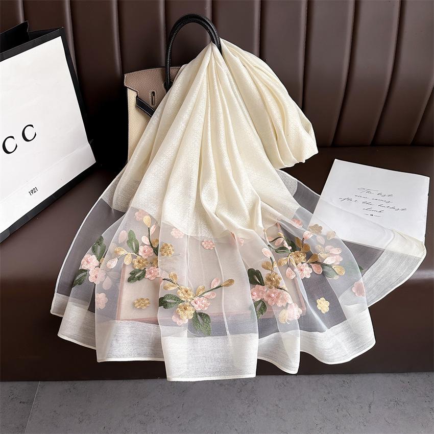 Elegant Silk Wool Embroidered Crabapple Flower Scarf - Double Layer, Thin, Large Shawl, Solid Color, All-Season Accessory.