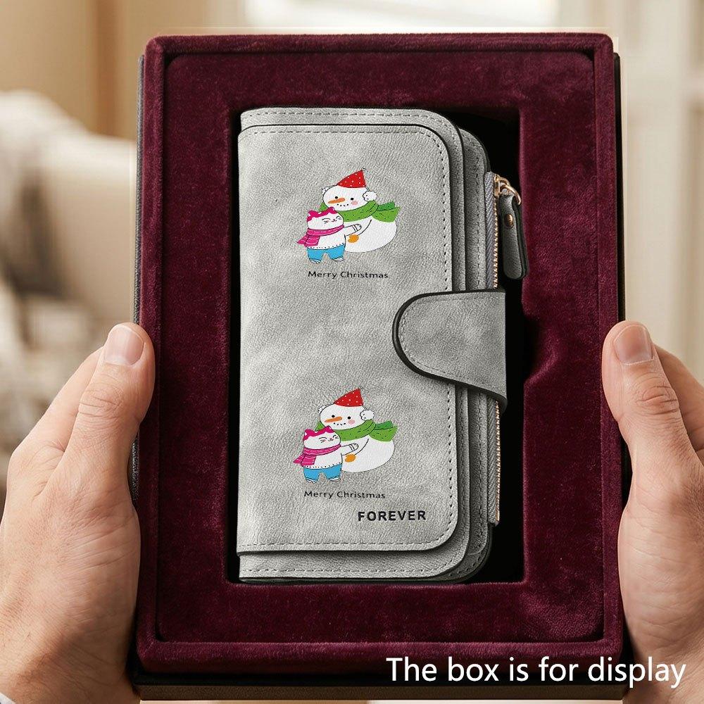 Unique snowman and kitten cartoon men's large capacity wallet with business card slot and cash pocket suitable for formal occasions and office use