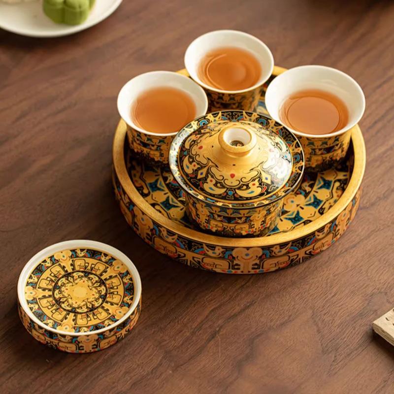 Thangka suspended gaiwan, three-talent tea brewing bowl cup, one pot, three-cup tea brewing set, ceramic kung fu tea set, small tea brewing set