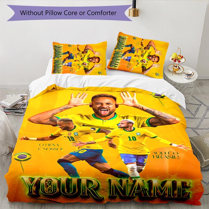 3pcs Brazilian football player Cover Set - Personalized Name, HD Printed Bedding with 1 Cover and 2 Pillowcases - Perfect for Home Decor, Easy Care