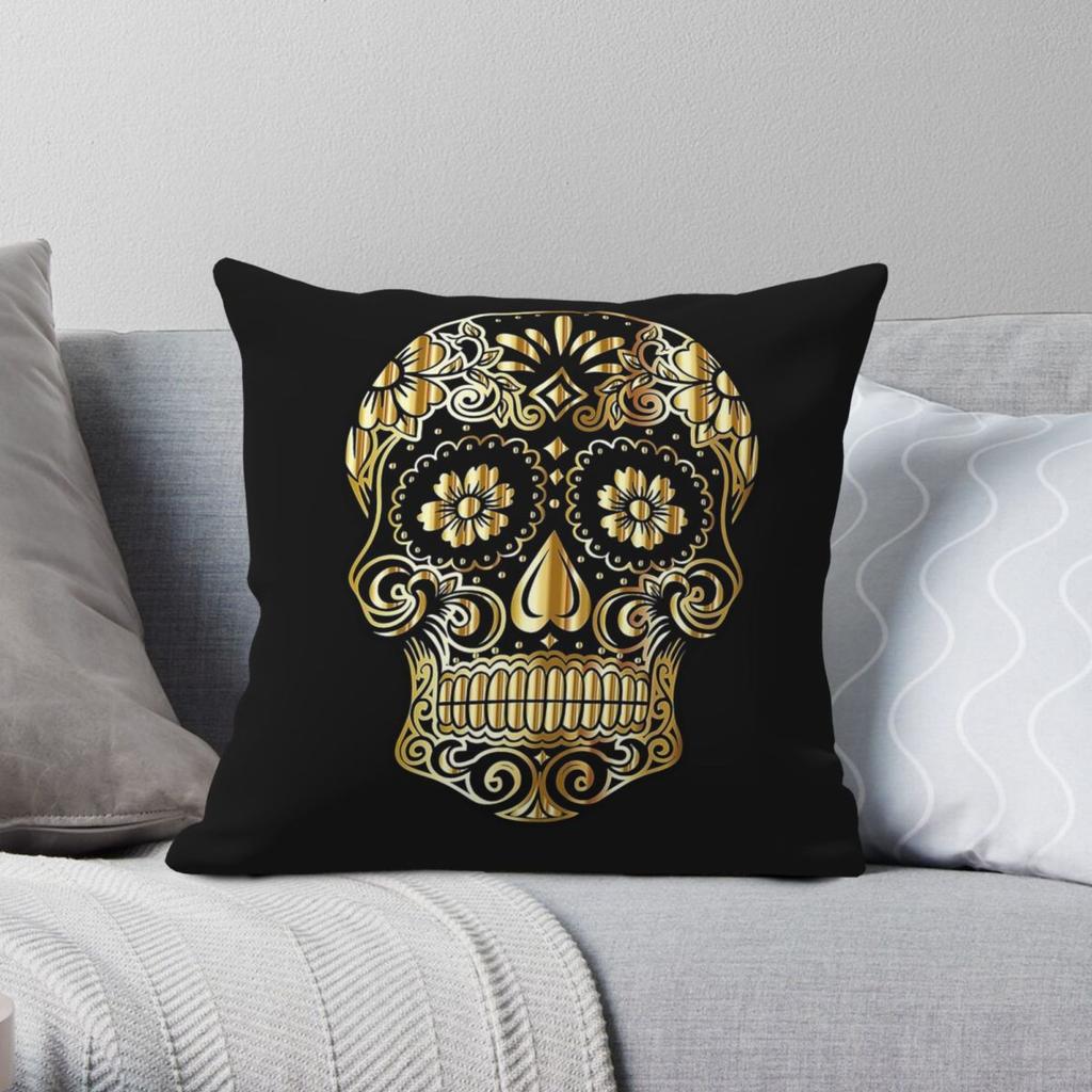 Gold Sugar Skull Square Pillowcase Polyester Linen Velvet Printed Zip Decor Pillow Case Room Cushion Cover x