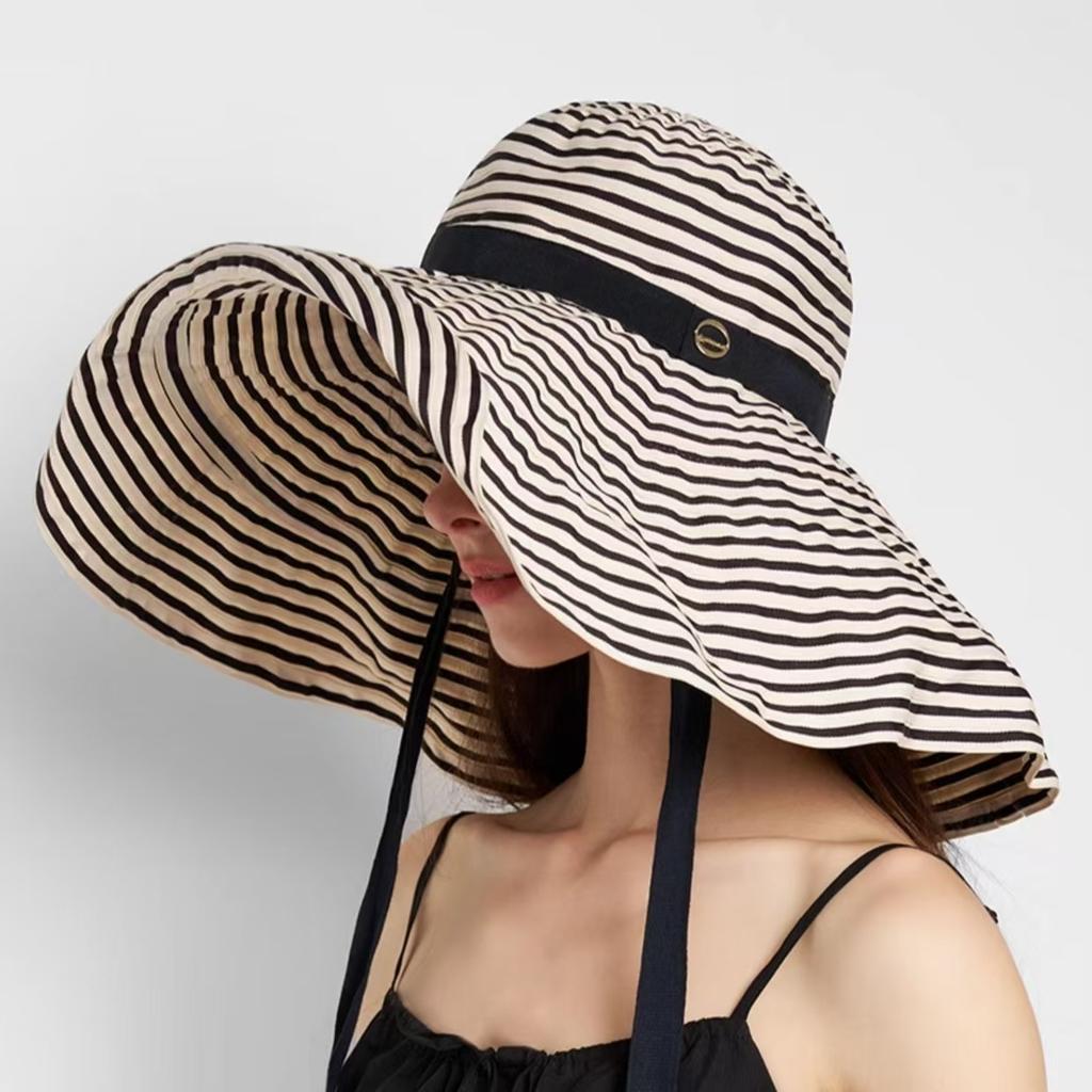 Hepburn wind foldable summer striped bucket hat women's vacation long sunscreen hat fashion basin hat sun hat curled edge