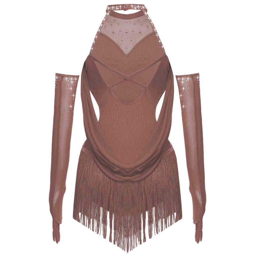 Наряд для латиноамериканских танцев для девочек, плиссированный сетчатый дизайн, вырез, бахрома, блестящие стразы, трико с подходящими перчатками