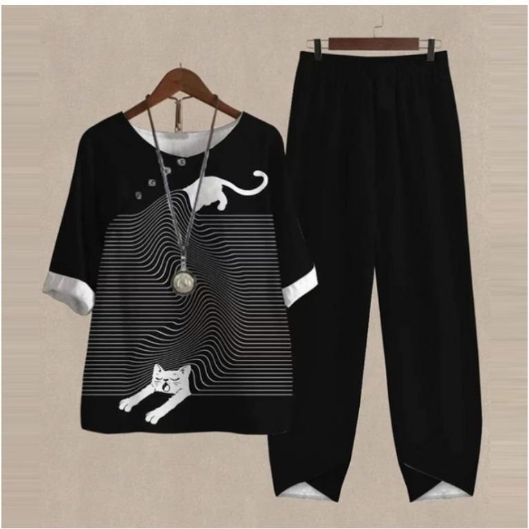 GMXIA Spring Women's Five-quarter Sleeve Printed Top and Pants Two-piece Set