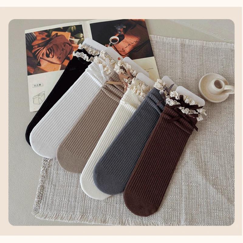Retro Lace Bow Calf Sock for Kids Girl Sweet Beige Coffee Color Bow Ruffle Sock for Children Spring Autumn Cotton School Sock