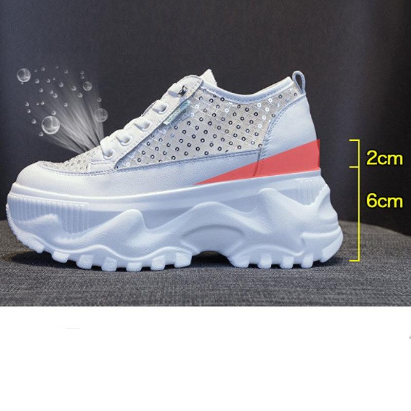 Fujin 8cm Lace Sequined Air Mesh Cow Genuine Leather Chunky Sneakers Wedge Platform Breathable Hollow Vulcanized Summer Ladies
