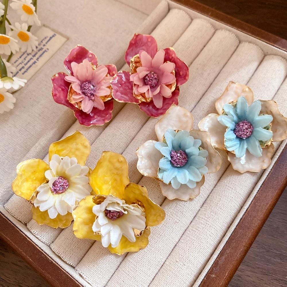 Iron Cloth Colorful Flower Earrings Korean Style Floral Ear Studs Exaggerated Ear Pendant Daily