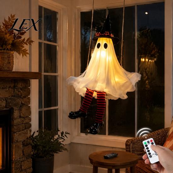 Motion Activated Ghost Display Halloween Hanging Swing Decoration, Light Up Large Swinging with Easy Setup Witch Hat And Striped Legs for Yard