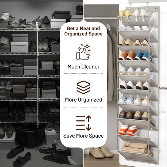Yousheng 10-ярусный прозрачный накладной органайзер для обуви с 10 большими глубокими карманами, вмещает 20 пар, подвесное хранилище, органайзер для шкафа, вешалка, вмещает до 80 предметов