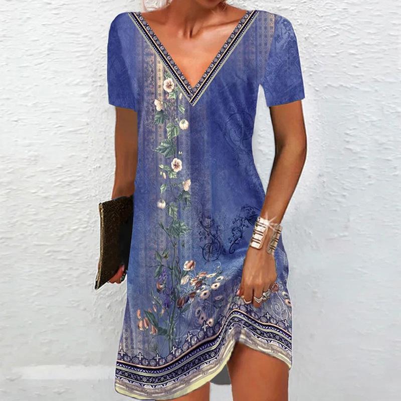 Женское летнее платье с принтом, V-образным вырезом и короткими рукавами, удобные повседневные платья