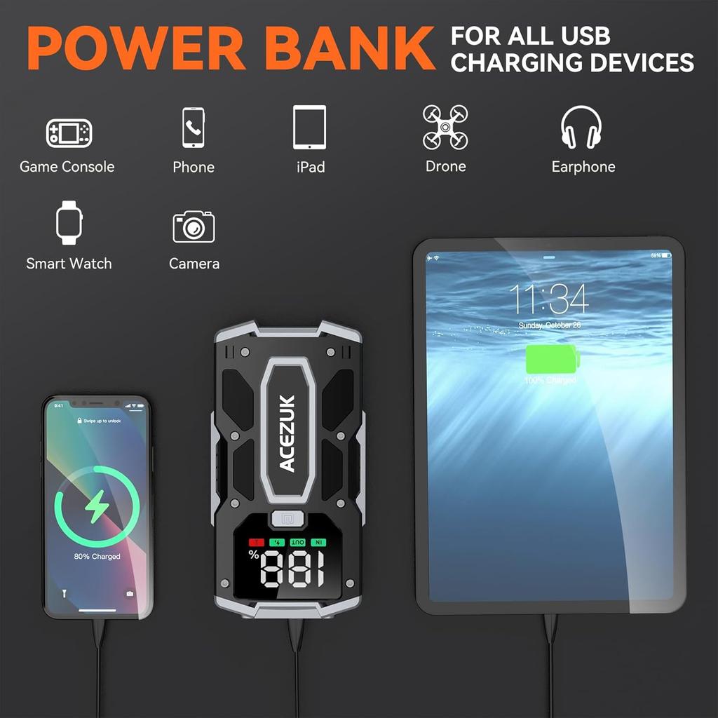 12В 8-в-1 Автомобильный пусковое устройство 3000А, Quick Charge 3.0, LED-экран, до 7.0 л бензинового и 5.5 л дизельного двигателя