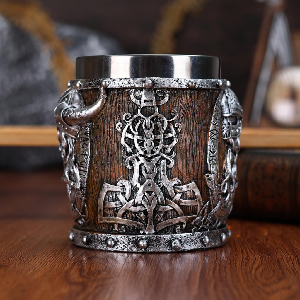 Medieval Viking Dragon Beer Mug Stainless Steel Lined Resin 450ML Large Capacity Barrel Mug Halloween Home Decoration