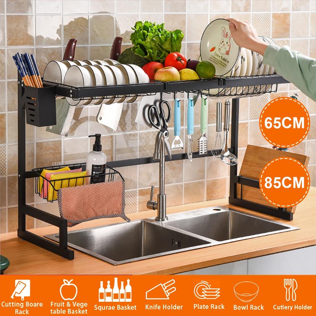 65/85CM 2 Tier Kitchen Dish Drying Rack Over Sink Stainless Steel Dish Drainer Organizer Drying Rack
