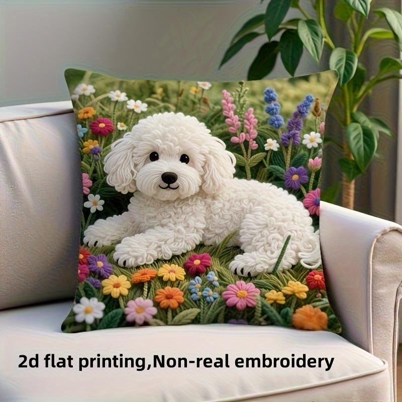 1Pc 2D Flat Printed White Poodle Pillowcase Non-Real Embroidery Cute Dog Floral Pattern Cushion Cover For Sofa Home Decor