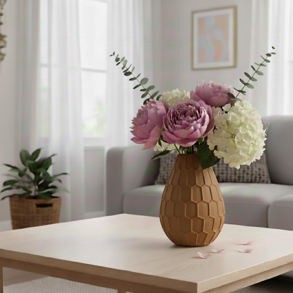 Geometric brown decorative vase with an elegant hexagonal pattern