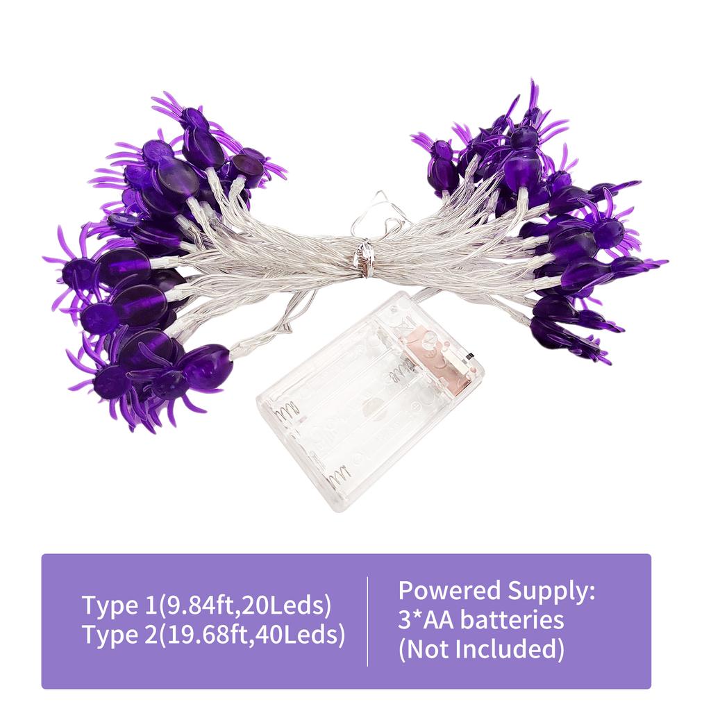 20FT 40LEDs Halloween String Lights Purple Spider Shaped Decorative Hanging Lights Waterproof