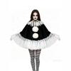 New Women Halloween Cosplay Costume Clown Pierrot Black White Lace Cape Poncho Suits Theme Party Role Playing Outfit for Adult