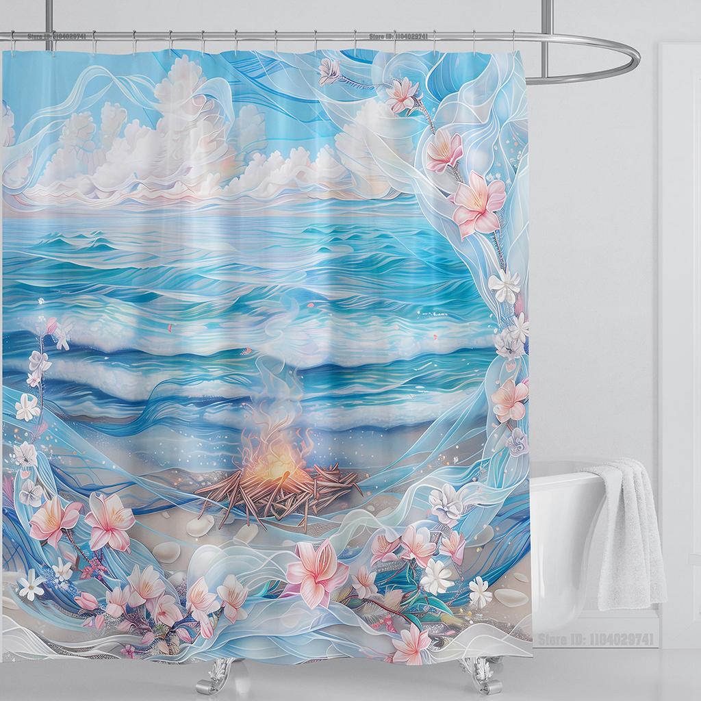 Ocean Wave Scenery Shower Curtain Waterproof Shower Curtain Polyester Fabric 3D Printed Curtain Bathroom Decoration With Hooks