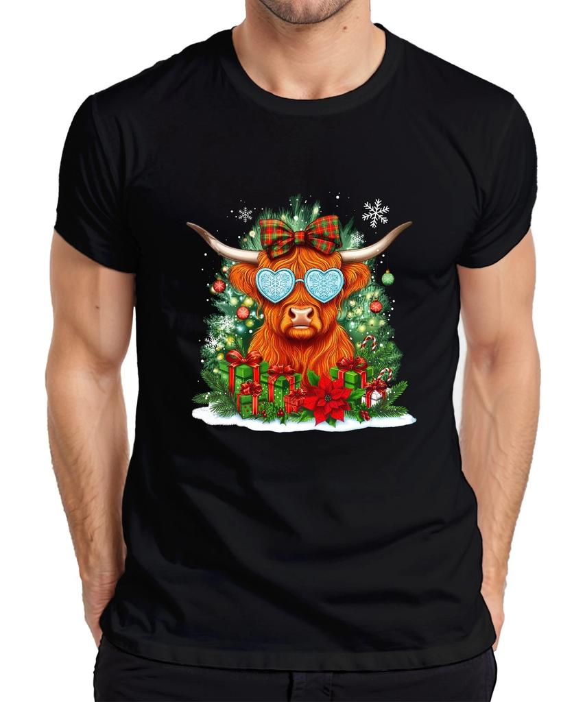 Highland Cow Christmas Heart Sunglasses Bow Funny Retro Mens T-Shirt-