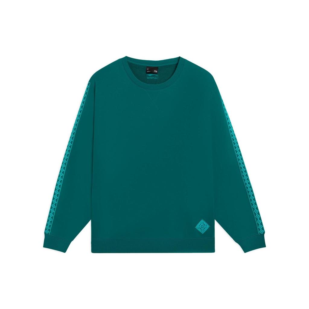 Li-Ning Sports Trend Series Back Print Logo Embroidered Crew Neck Pullover Sweatshirt Unisex Tops Green AWDSF47-4